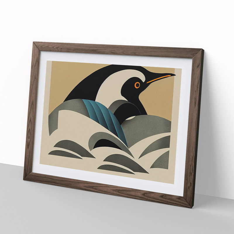 XH1022-6869X Penguin Art Deco - Single Picture Frame Print, 34cm H x 46cm W x 2cm D, Walnut Framed