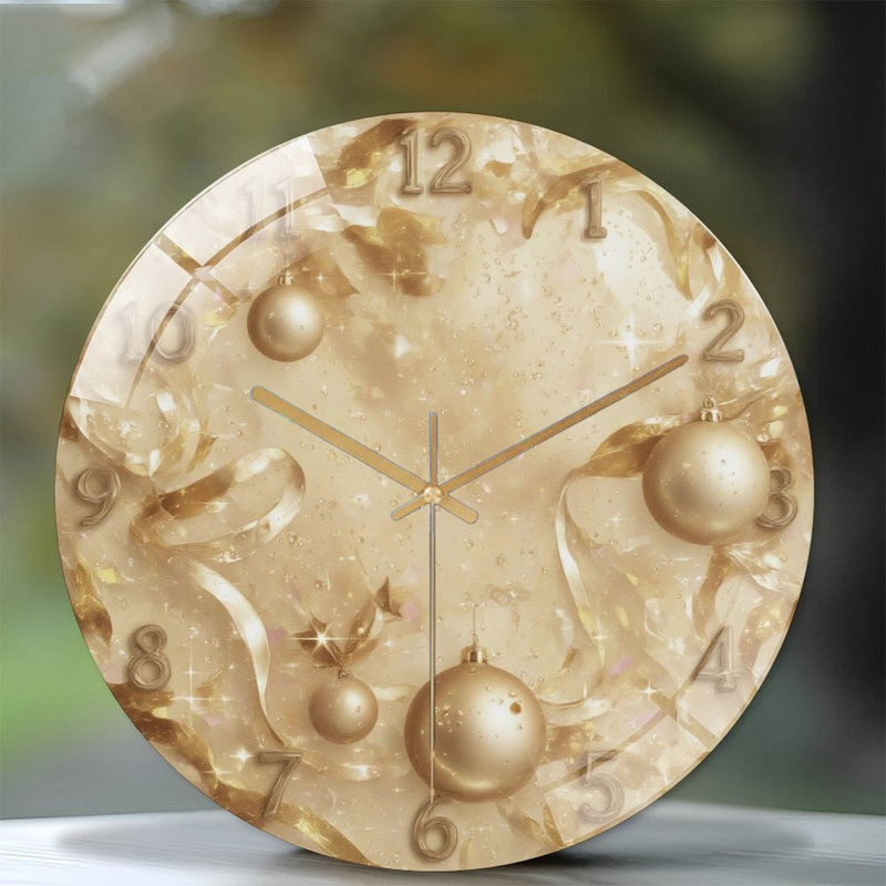 New-Year-Clock-Face-Golden-Ornaments Art - 12'' Modern Glass Wall Clock