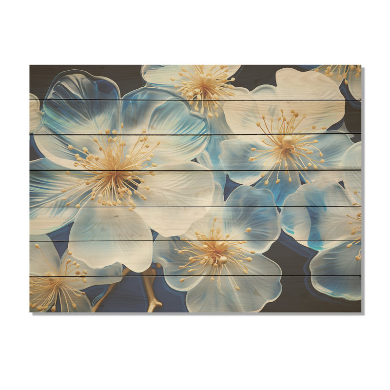 Coquelicots blancs et bleus tranquilles - coquelicots sur bois, H 10 po x l 20 po