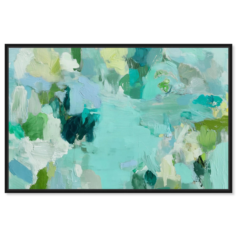 «Alista Green Blues», art abstrait vert par , H 31 po x l 46 po, Floater Frame, Noir