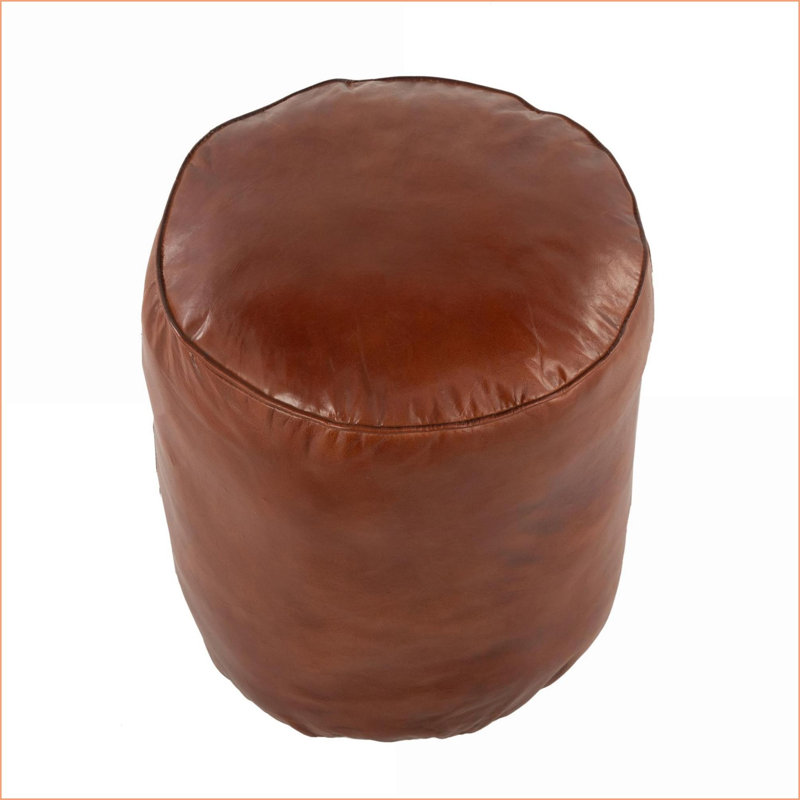 Repose-pieds, pouf rond industriel en cuir noyer | Aucun assemblage requis