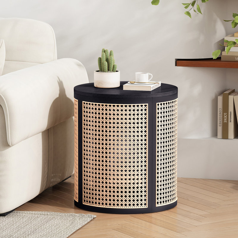 15.70" Round End Table, Hollow Woven Side Table, Small Rubber Wood Nightstand, Rattan Woven Tea Desk, Round Wood Tabletop, Chic Home Decor Desk, Easy Assembly, Black Color
