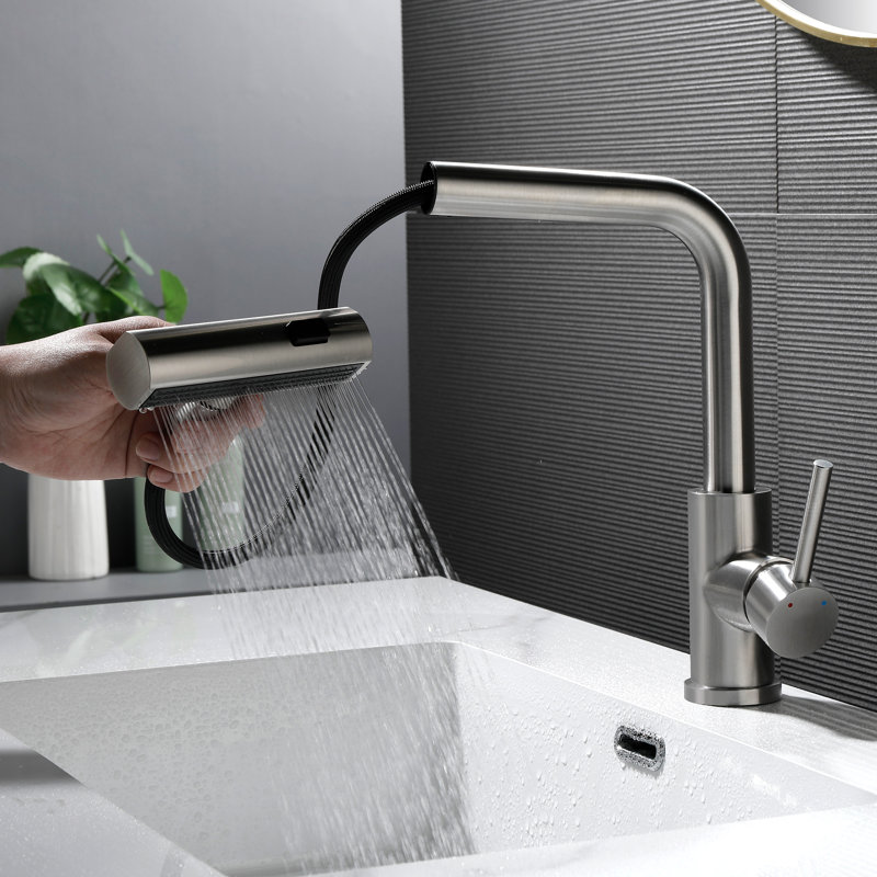 11.7"H Stainless 360° Swivel Bathroom Faucet With 3-Function Pull-Out Sprayer, Brushed Nickel