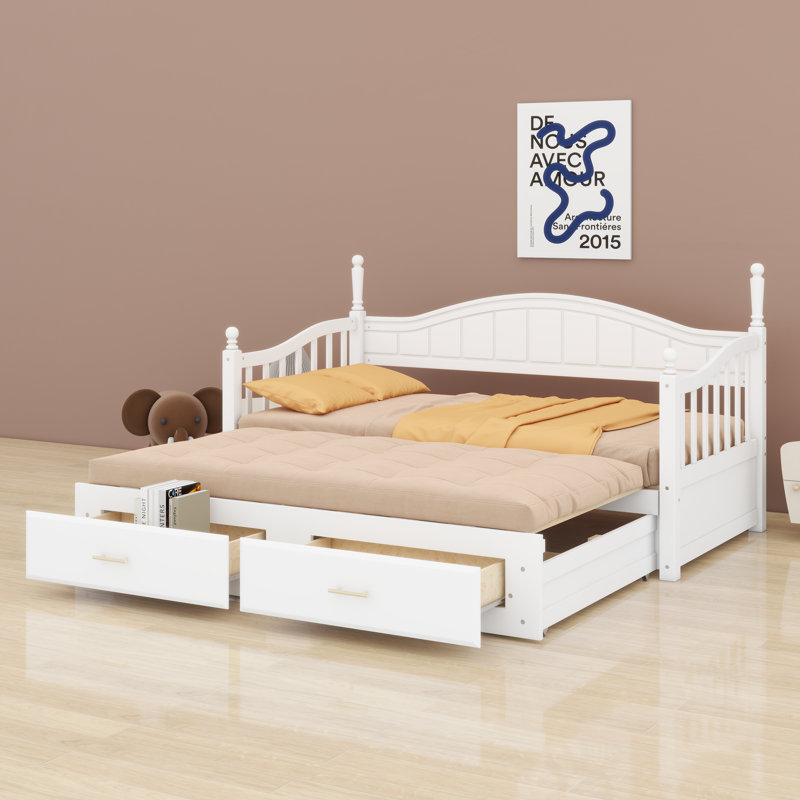 Daybed With Trundle Bed, Extendable Daybed With Two Storage Drawers, White