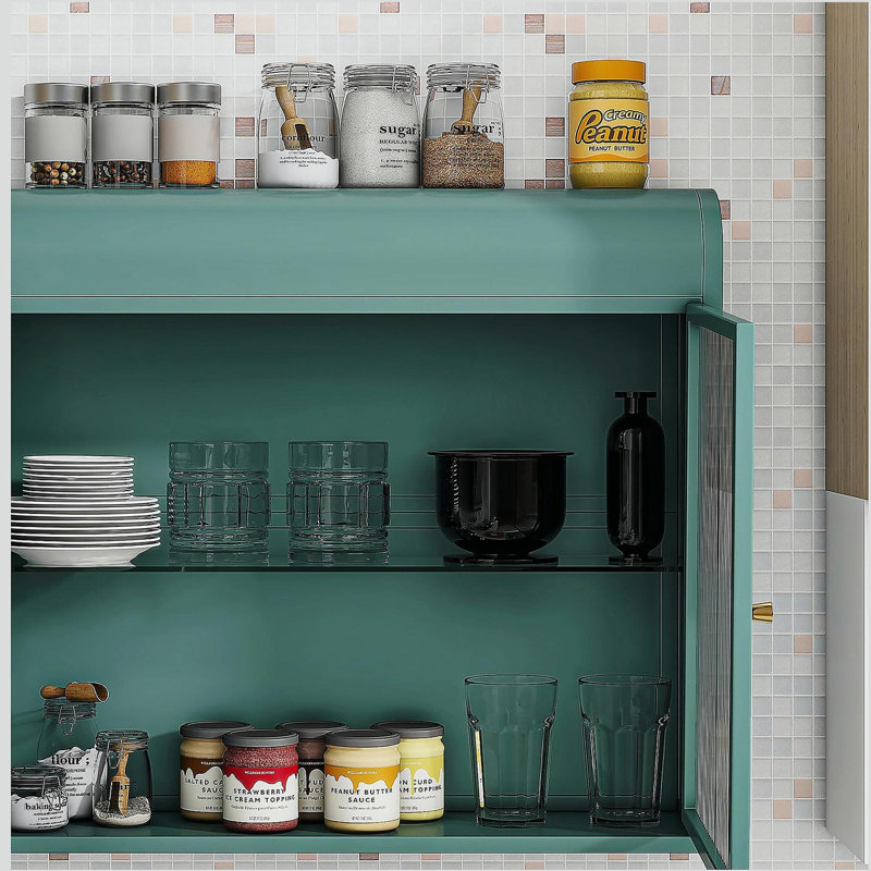 2-Door Wall-Mounted Metal Storage Cabinet with Tempered Glass Doors & Shelves for Bathroom, Kitchen, Living Room, Army Green