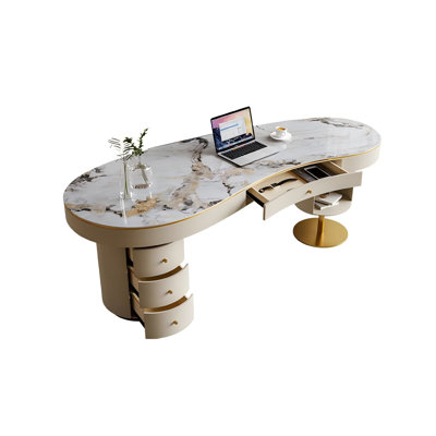 55.12"Beige Crescent Sintered Stone Writing Desk,4-drawer