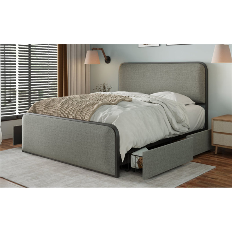 Modern Metal Bed Frame With Upholstered Headboard And Footboard, King, Beige, No