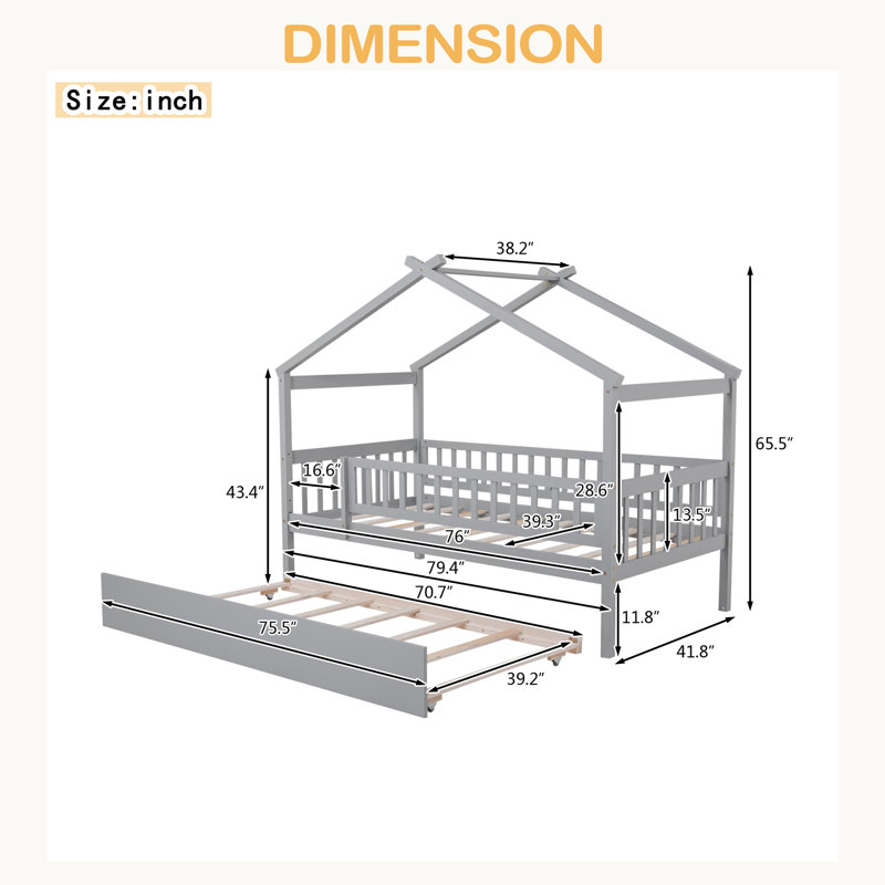 Lit en bois avec lit gigogne simple, Gris, Lit simple