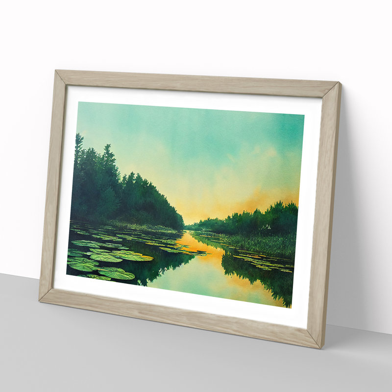 Pond at Sunrise 1 Piece Single Picture Frame Wall Art, 46cm H x 64cm W x 2cm D, Oak