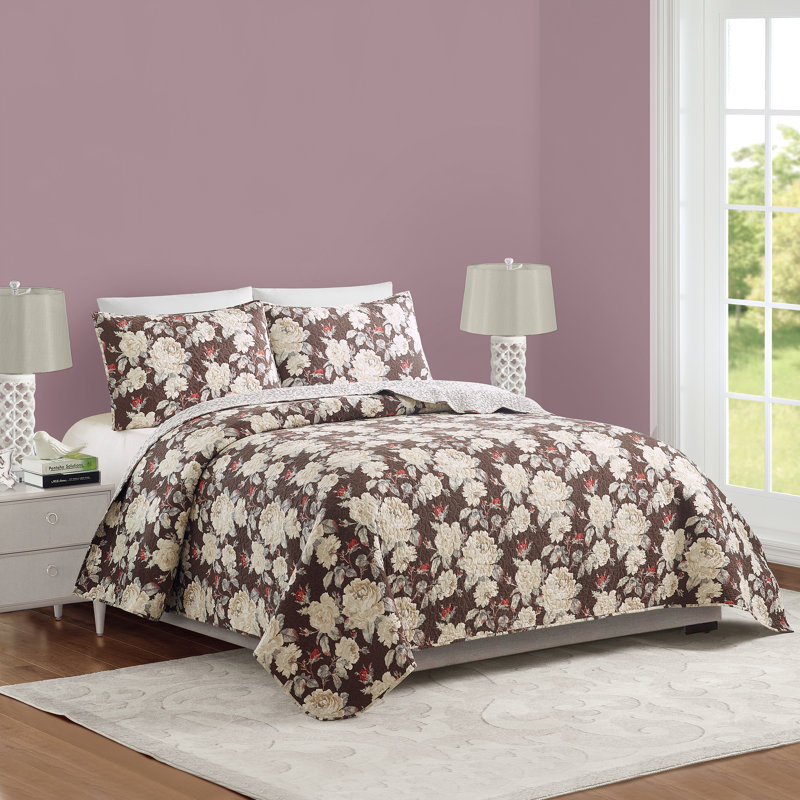King Size Brown Cotton Floral Quilt Set with Shams