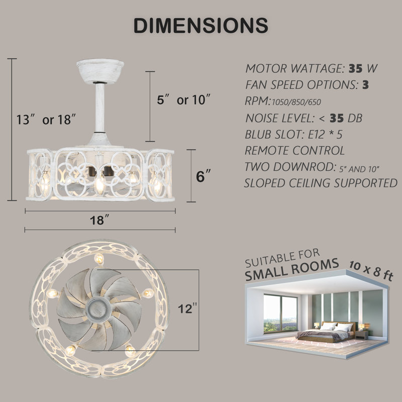 20" Distressed White Ceiling Fan, Metal Caged Fan Light w Remote, Five-Light 3 Fan Speed for Bedroom