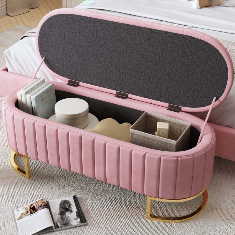 Elegant Upholstered Velvet Storage Ottoman With Button-Tufted, Pink