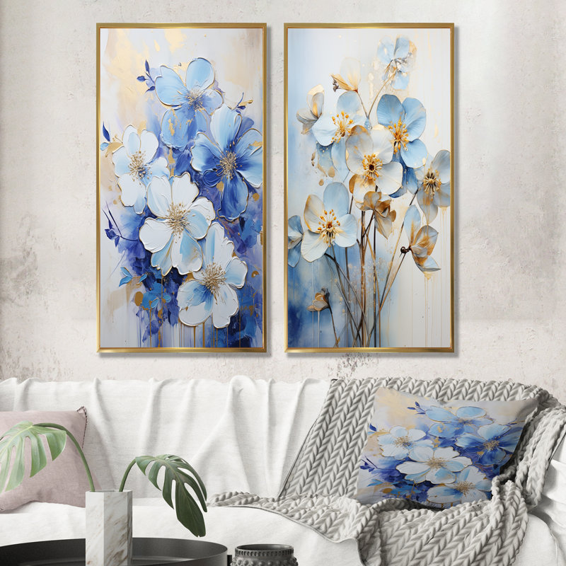 White And Blue Minimalism Violets - Violets Wall Art Living Room Set Of 2, Gold Floater Framed, 40" H x 41" W