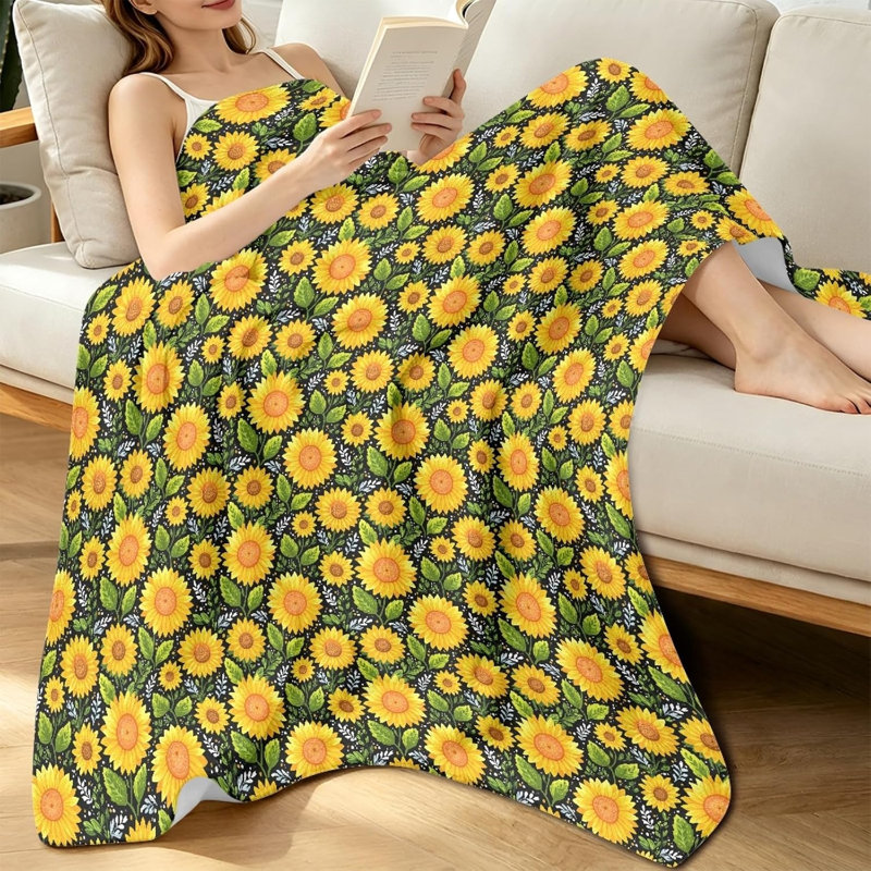 Plaid en flanelle à imprimé tournesol, style champêtre, 152 x 203 cm, 60 po x 80 po