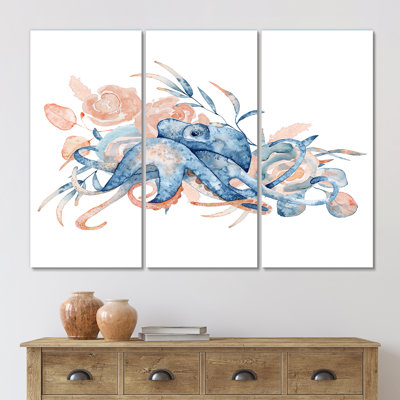 Pieuvre bleue avec fleurs roses - reproduction d'art sur toile nautique et côtière