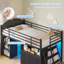 Low Loft Bed with 6 Drawers and Bookcase Storage, Twin Metal Loft Bed Frame with LED Lights, Upholstered Headboard, 3 Open Shelves, Inclined Ladder and Under-Bed Play Area, Black-133200517