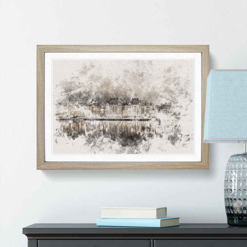Reflection of Stockholm in Sweden - Picture Frame Painting Print, 45cm H x 63cm W x 2cm D, Oak Framed