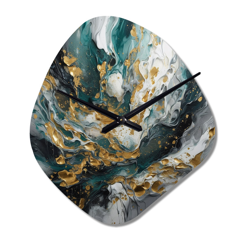 Or bleu sarcelle encre sur pierre - horloges murales asymétriques abstraites en métal, impression d'horloge murale de forme unique dorée