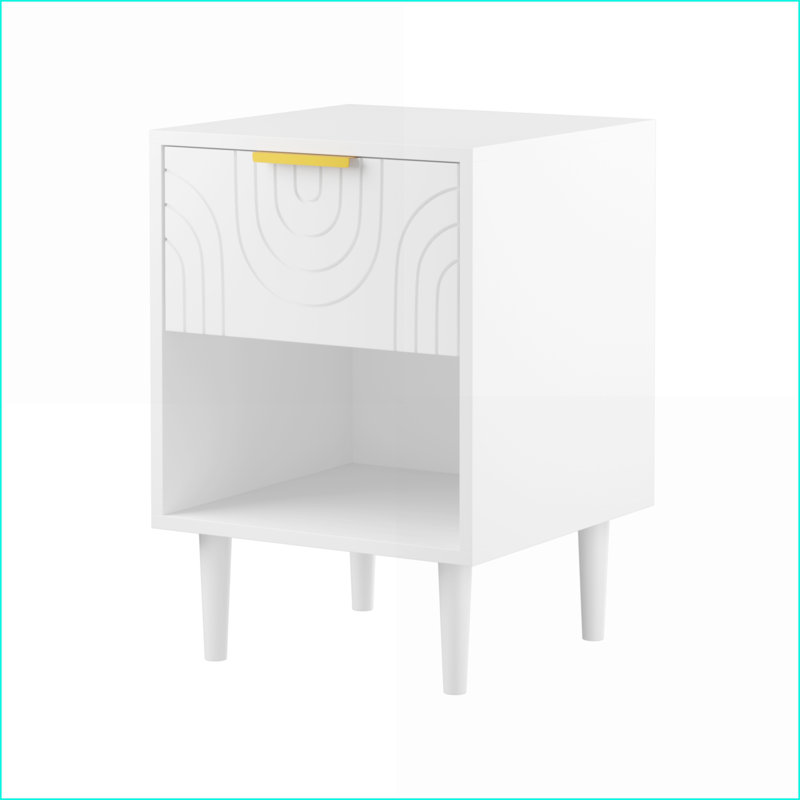 Modern White 1-Drawer Nightstand with Open Shelf &amp; Gold Handle
