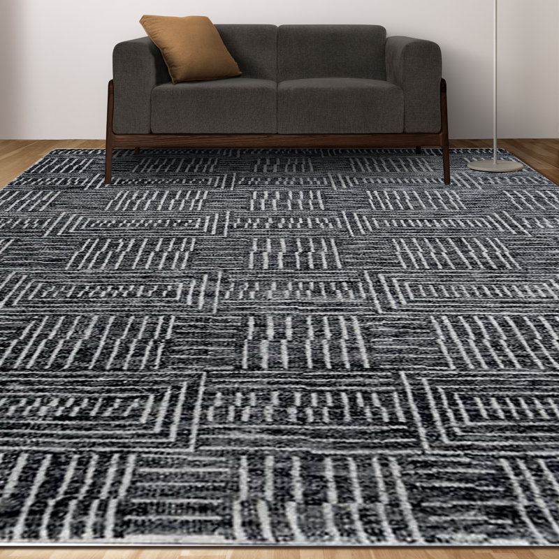 Wool Geometric Area Rug in Black/Light Gray, Rectangle 8' x 10'