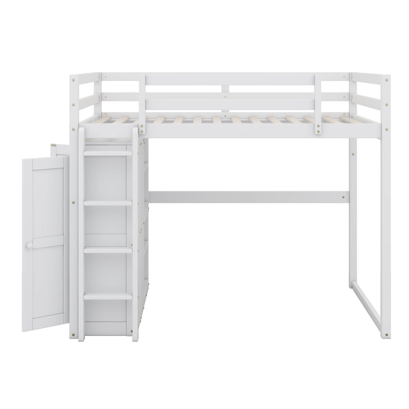 Lit mezzanine en bois pleine grandeur avec tablettes de rangement intégrées pour garde-robe et éclairage DEL, Blanc