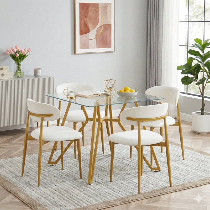 35.4-Inch Square Tempered Glass Dining Table for 2-4, Space-Saving Small Kitchen Table, Sturdy Metal Legs with Gold Finish, Suitable for Dining or Living Room