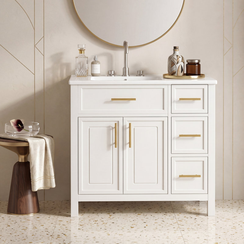 Meuble-lavabo de 36 po avec comptoir d'évier, armoire de rangement en bois massif et bois aggloméré avec 2 portes et 3 tiroirs, ensemble de rangement tout-en-un