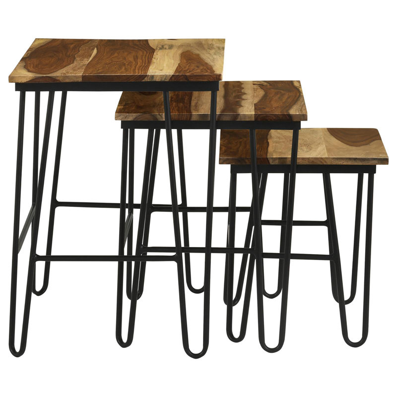 Table gigogne 3 pièces naturelle et noire avec pieds en épingle à cheveux