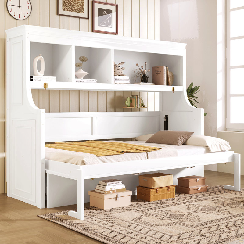 Lit escamotable simple avec bureau et tablettes de rangement, blanc