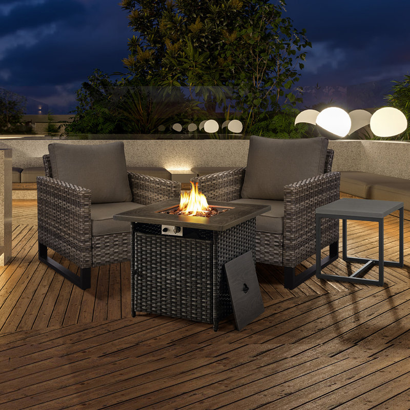 Naresa 4-Piece Outdoor Furniture Set  2 Patio Chairs, Fire Pit Table & Side Table, All-Weather PE Wicker, Gray