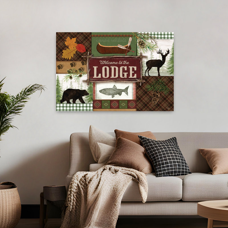 «Welcome To The Lodge», art abstrait, paysage contemporain, ours, cerf, poisson, H 32 po x l 48 po