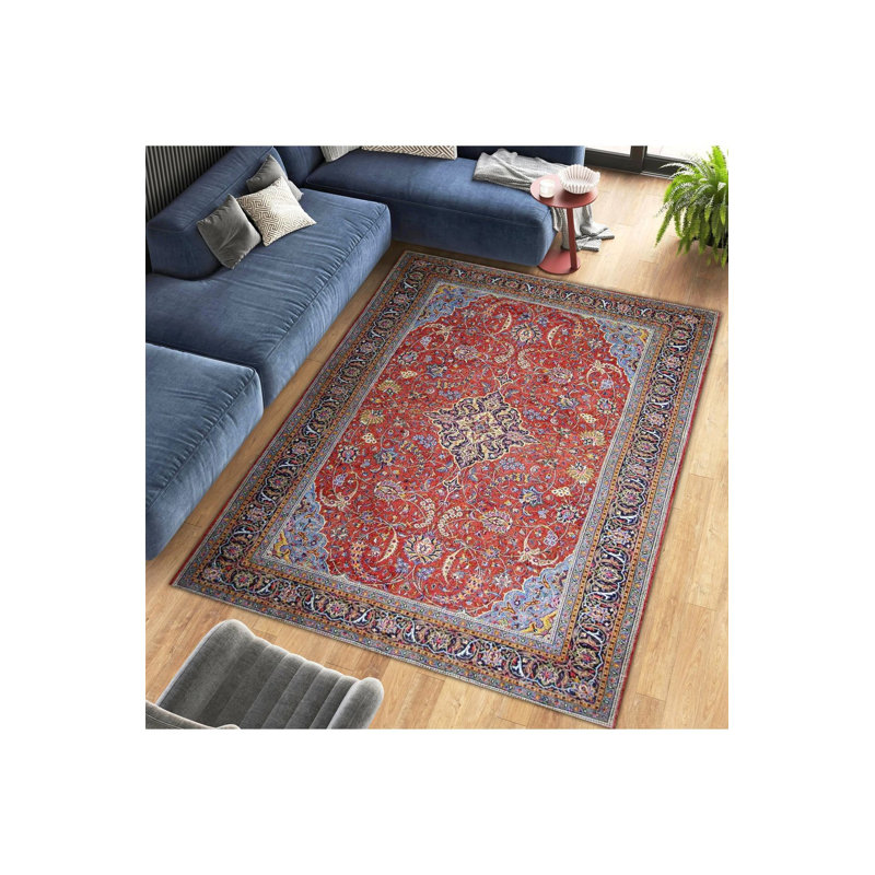 Tapis décoratif de style bohémien à motif traditionnel rouge et bleu lavable à la machine
