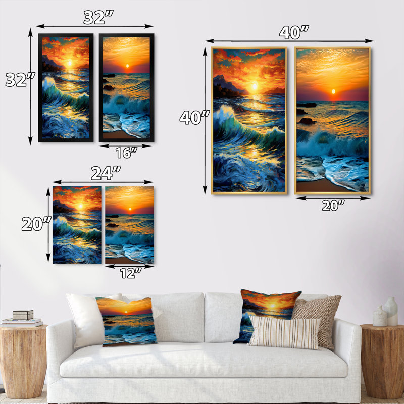 «Bright Sunset Of Waves Breaking At The Shore» 2 - Pièces sur, Cadre blanc, H 20 po x l 24 po
