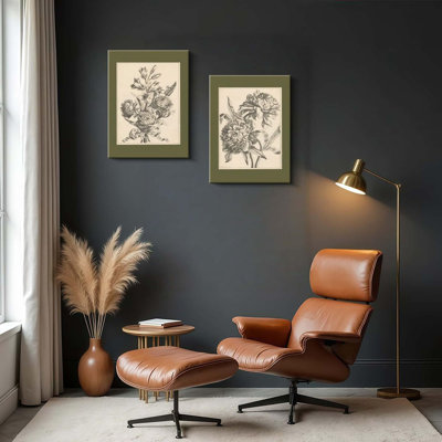2 pièces encadrées croquis de fleurs art mural sauge vert floral affiche rétro botanique décoration murale pivoine fleur impressions antique floral dessin peinture pour chambre à coucher salon 16 x 24 pouces prêt à accrocher
