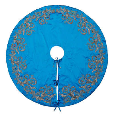 Imperial Blue Hand Beaded Christmas Tree Skirt on Blue Silk