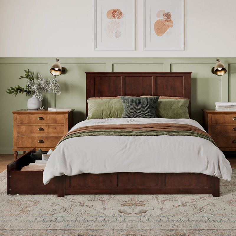 Amear Solid Wood Storage Platform Bed with Under Bed Drawers, Queen, Walnut