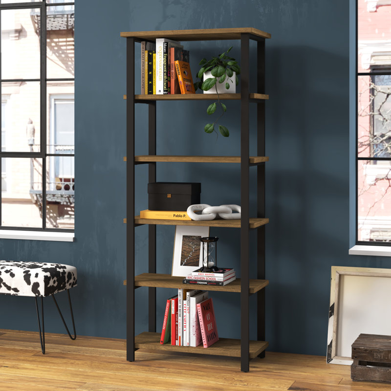 Pomona 29"L x 14.12"W x 70"H 5-Shelf Metal and Solid Wood Bookcase
