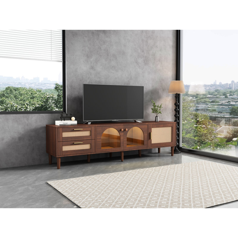 80'' Tv Compatible Console Table, Ample Storage Space, Waterproof Surface For Living Room, Bedroom, Home Theatre Media Stand With Fit, 2 Drawers & 3 Cabinets, Tabletop And Solid Wood Legs