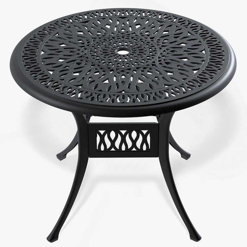 Table de salle à manger de patio en aluminium coulé 35,43 pouces avec structure noire et trou pour parasol