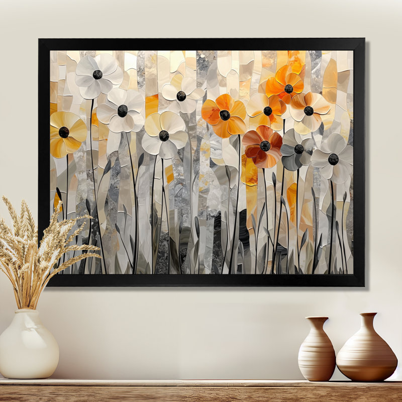 Motif géométrique de coquelicots gris champêtre I - coquelicots, art mural pour le salon, H 12 po x l 20 po, Noir