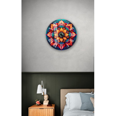 Vibrant Orange and Blue Floral Medallion Tempered Glass Non-Ticking Wall Clock
