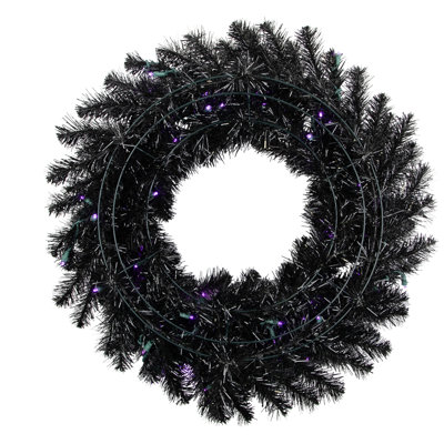 Black Crystal Pine Artificial Halloween Wreath - 24" - LED Purple