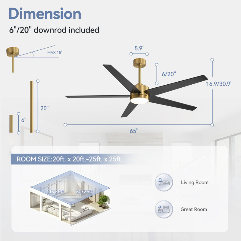 Beil Large Modern Ceiling Fan with Light Kit and Remote Control, 3 LED Colours, 6 Speed Noiseless DC Motor, 5 Plywood Blades, for Indoor/Covered Outdoor Use
