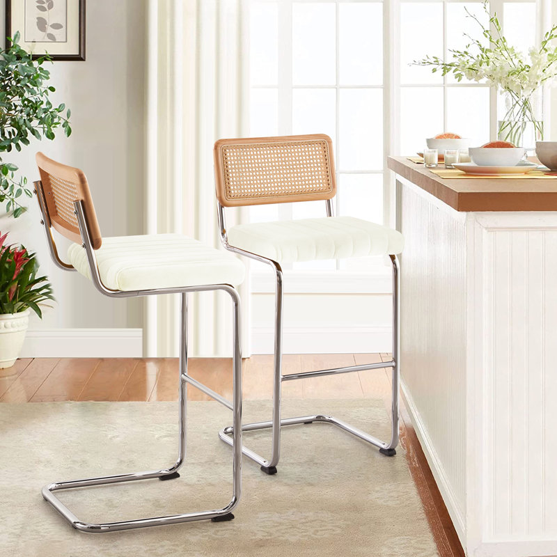 Tabouret rembourré en velours Krickelin, Argent, Tabouret de bar (siège d’une hauteur de 30 po), blanc