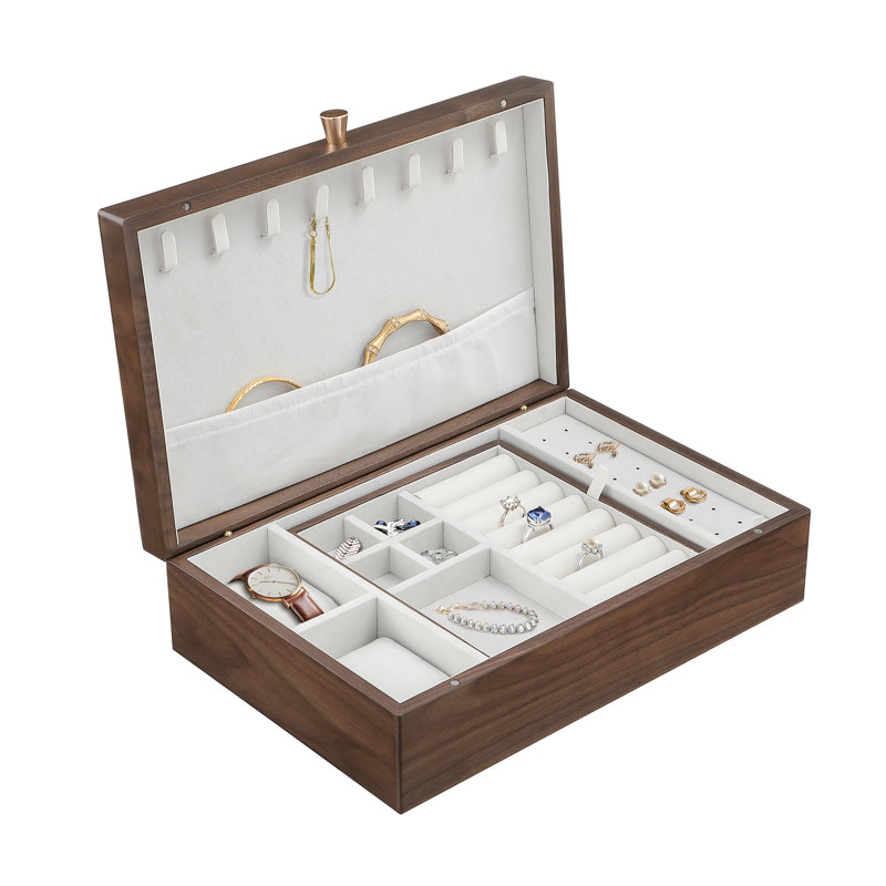 Boîte de rangement pour bijoux en noyer massif avec plateau amovible