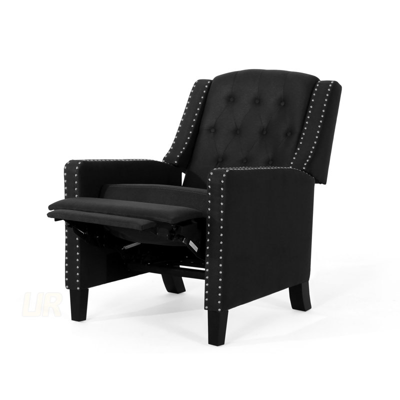 Fauteuil classique en tissu gris foncé avec accoudoirs rivetés et pieds en bois de bouleau, parfait pour le confort et le style