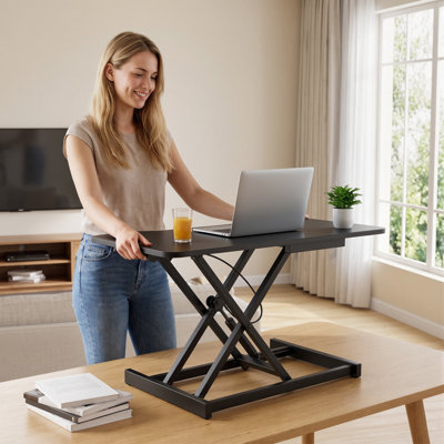 Convertisseur de bureau assis-debout, support pneumatique pour ordinateur portable avec clavier et écran unique, idéal pour les postes de travail informatiques avec ordinateur portable et écran unique. Dimensions pour utilisation au bureau.