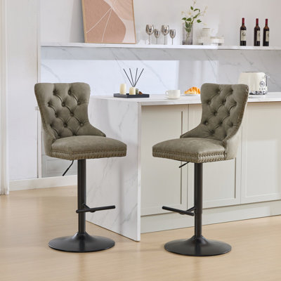 Aged and Retro PU Swivel Barstool with Adjustable Height and Spring Cushion, Set of 2