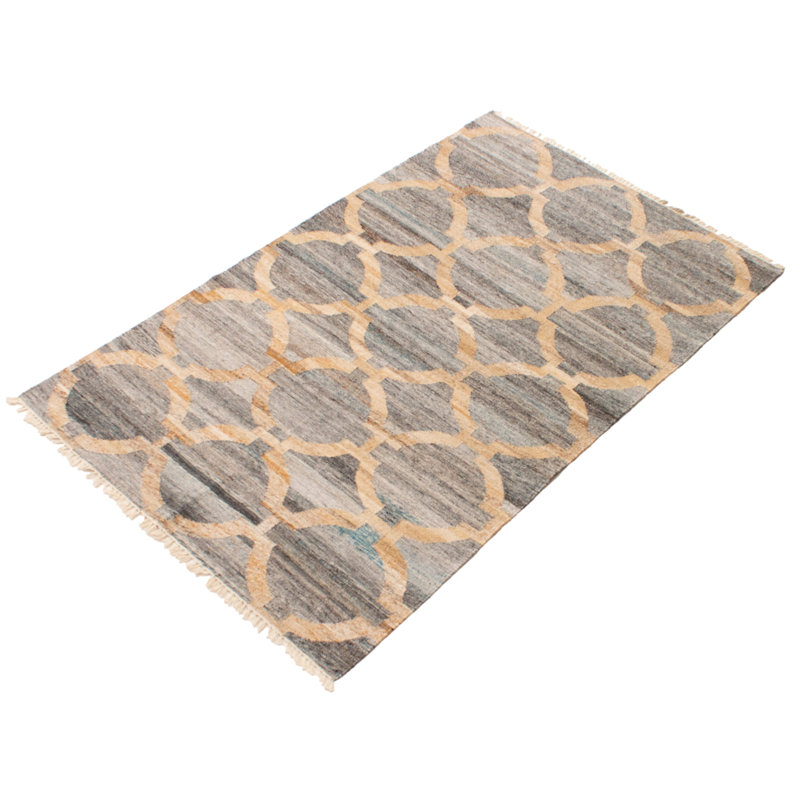 Tapis gris / beige en laine tissé à plat à la main à motif géométrique Abrahamsen