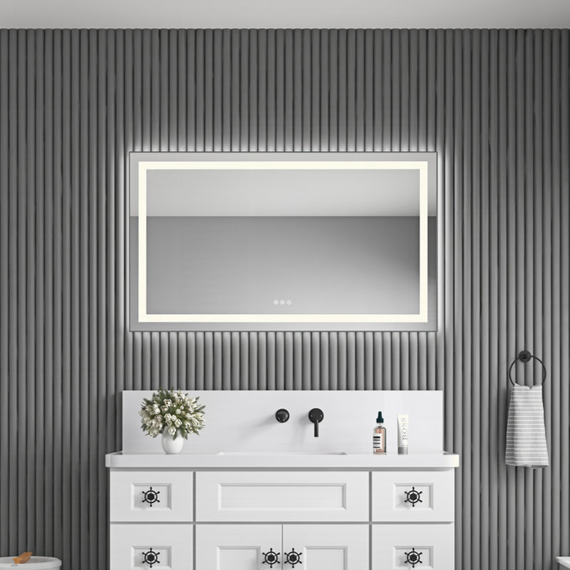 Miroir de salle de bain DEL, 48 po x 28 po, Métal industriel cendré